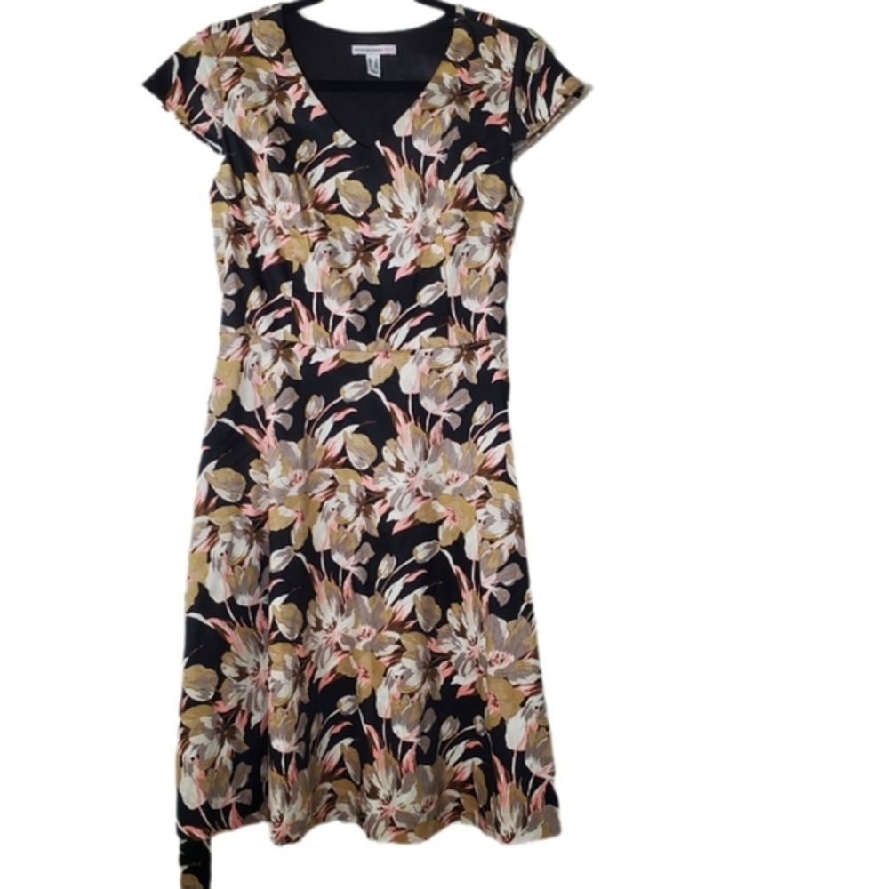 Isaac Mizrahi Women Black Floral Cotton‎ V-Neck Cap Sleeve Belted Dress Size 6